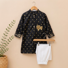 Black Brocade Kurta Set with White Pyjama