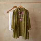 Elegant embroidered olive green kurta set with a matching dupatta| Designer Kids Ethnic Wear | Kirti Agarwal
