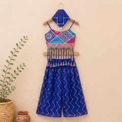 Stylish blue embroidered Georgette 3-piece set with a crop top, flowy palazzo and matching Bandhana.