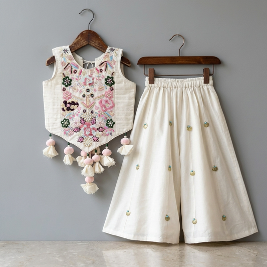 Tassel Detailed Floral Embroidered Top With Palazzo