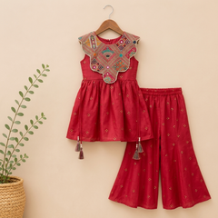 Festive Red Embroidered Top with Statement Handwork Yoke, Tassels & Flared Palazzo