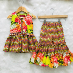 Flower Print Short Kurta with Net Dupatta and Sharara