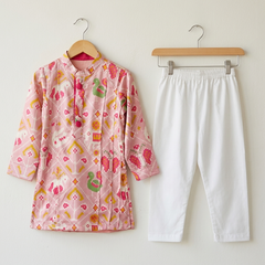 Pink Patola Print Silk Kurta with Classic White Elasticated Pyjama