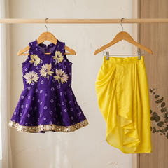 Purple Peplum Top with Golden Floral Embroidery and Yellow Dhoti Set for Kids