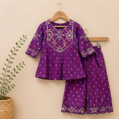 Elegant purple silk kurta palazzo set with intricate embroidery and beautiful embroidered animal motifs on the sleeves