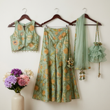 Sage Green Floral Printed Chanderi Silk Palazzo Set with Organza Dupatta & Potli Bag