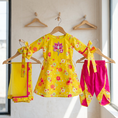 Flower Printed Kurta with Dhoti and Dupatta