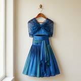 Elegant Ombre Blue Crop Top with Attached Organza Cape & Flared Lehenga Set