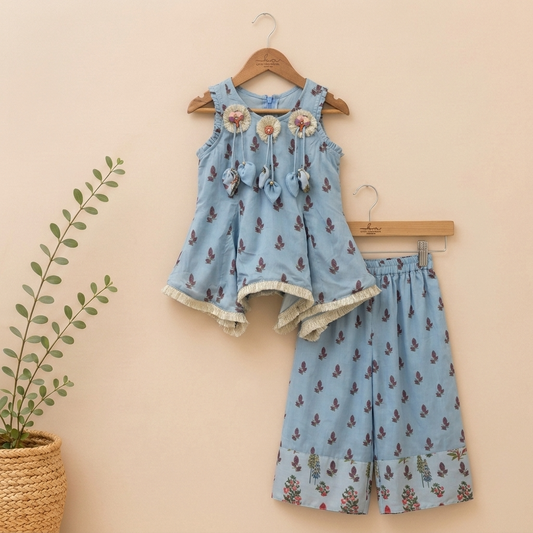 Blue Floral Short Kurta with Flared Palazzo