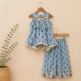 Blue Floral Short Kurta with Flared Palazzo