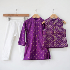 Purple Brocade Zari Kurta Set with Jacket & White Pyjama