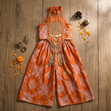 Rust Orange Embroidered Crop Top with Statement Tassels and Printed Floor-Length Palazzo Set