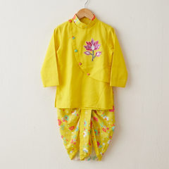 Lotus Embroidered Kurta with Printed Dhoti