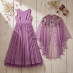 Elegant Mauve Flared Gown with Intricately Embroidered Organza Cape