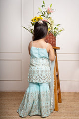 Elegant aqua blue sharara set with intricate mirror work and embroidery, perfect for festive occasions and celebrations - Kirti Agarwal