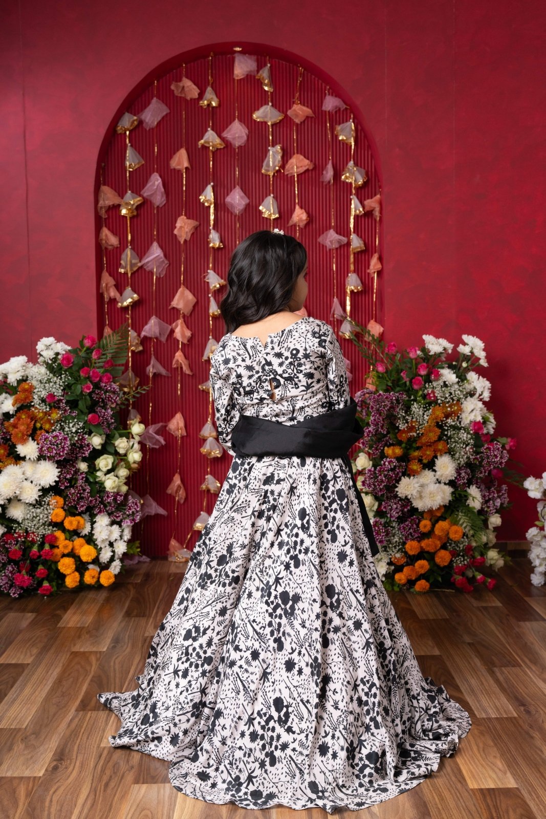 Elegant black - and - white floral lehenga set with crop top and dupatta – ideal for celebrations - Kirti Agarwal