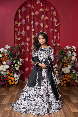 Elegant black - and - white floral lehenga set with crop top and dupatta – ideal for celebrations - Kirti Agarwal