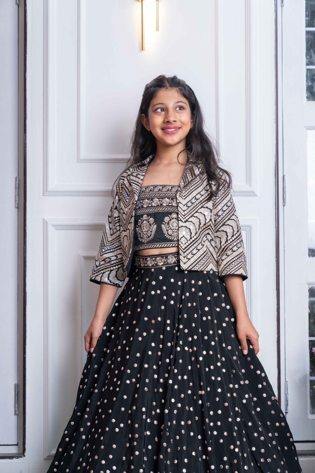 Elegant Black Embroidered Crop Top, Jacket, and Mirror Work Lehenga Set – Perfect for Weddings, Parties, and Festive Celebrations - Kirti Agarwal