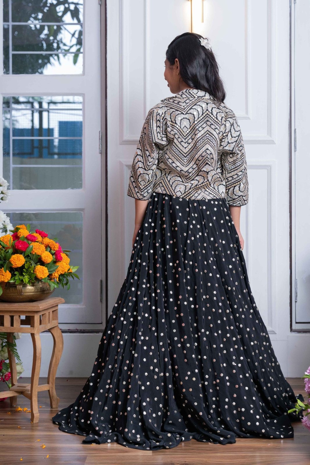 Elegant Black Embroidered Crop Top, Jacket, and Mirror Work Lehenga Set – Perfect for Weddings, Parties, and Festive Celebrations - Kirti Agarwal