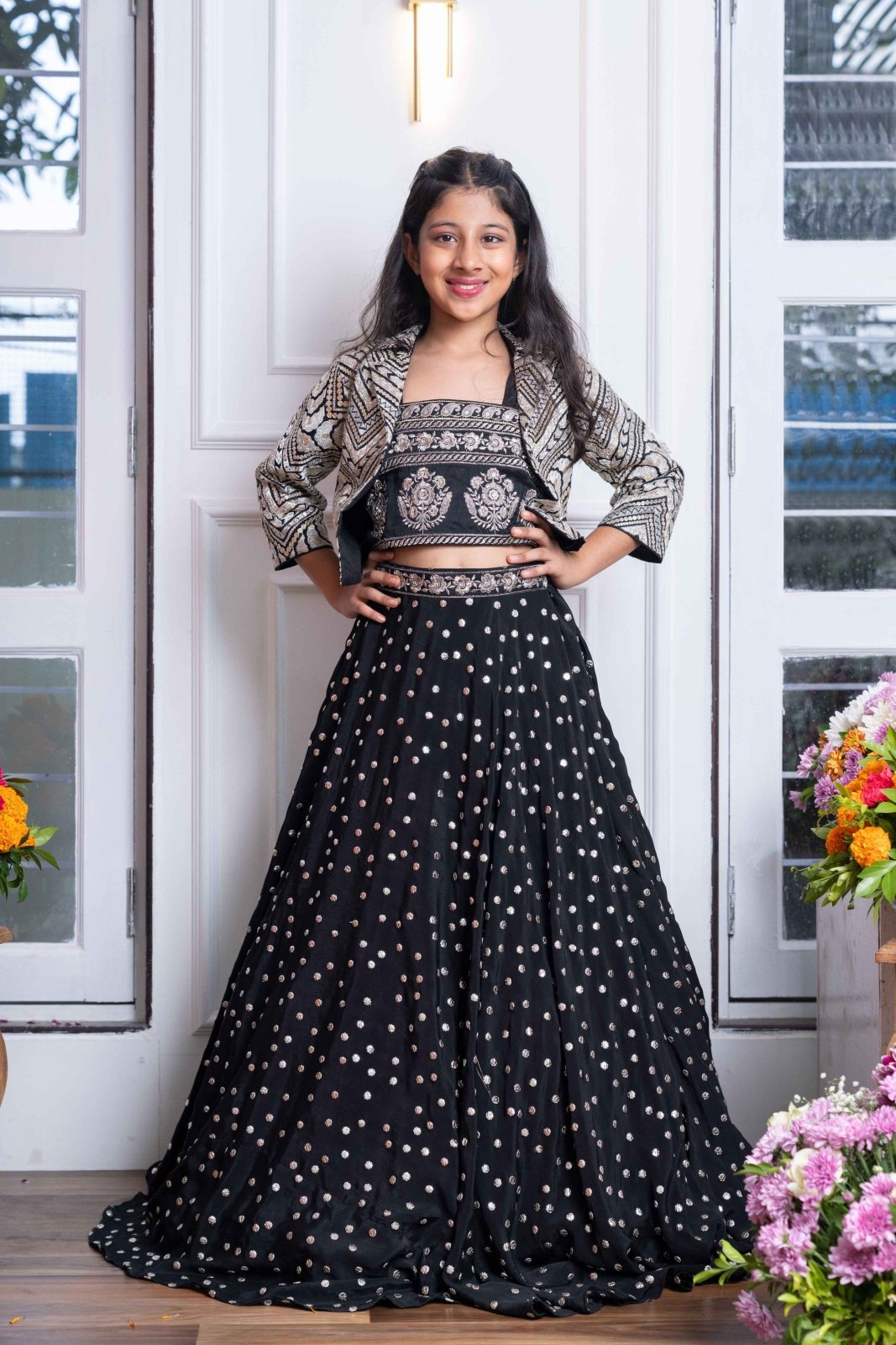 Elegant Black Embroidered Crop Top, Jacket, and Mirror Work Lehenga Set – Perfect for Weddings, Parties, and Festive Celebrations - Kirti Agarwal