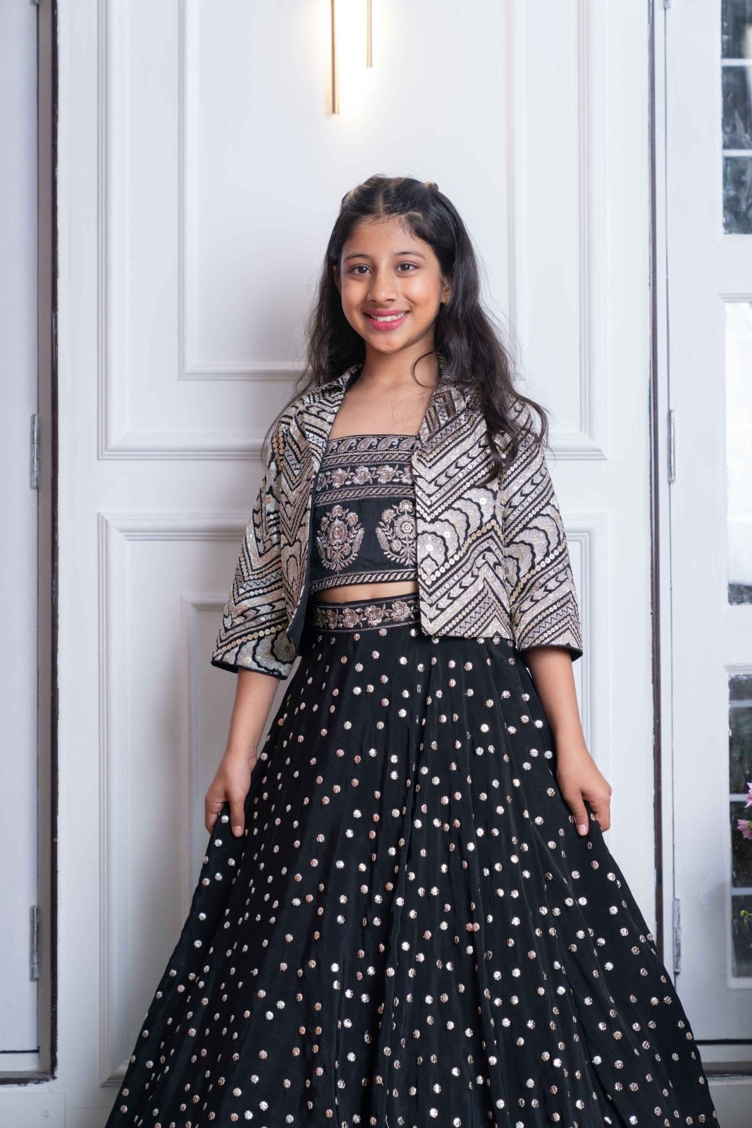 Elegant Black Embroidered Crop Top, Jacket, and Mirror Work Lehenga Set – Perfect for Weddings, Parties, and Festive Celebrations - Kirti Agarwal