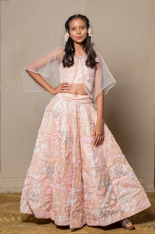 Elegant blush pink ensemble with intricate floral embroidery and a sheer overlay, perfect for any sophisticated occasion - Kirti Agarwal