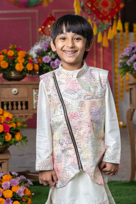 Elegant Cream Silk Kurta with Multi - Colored Textured Nehru Jacket and Matching Pants – Perfect for Weddings, Festive Celebrations, and Special Occasions - Kirti Agarwal