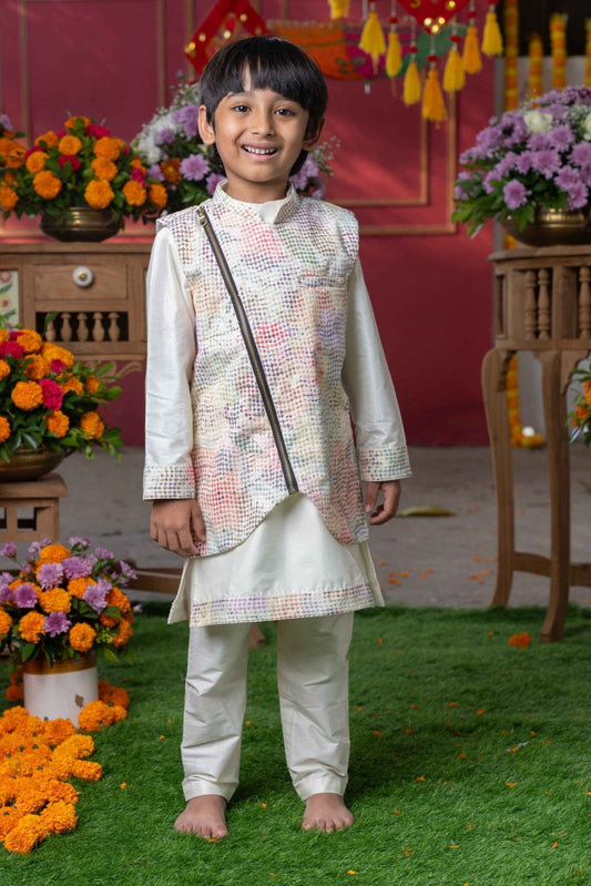 Elegant Cream Silk Kurta with Multi - Colored Textured Nehru Jacket and Matching Pants – Perfect for Weddings, Festive Celebrations, and Special Occasions - Kirti Agarwal