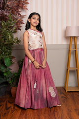 Maroon-Pink kurta set & floral-embroidered top with ombre-dyed flared Lehenga