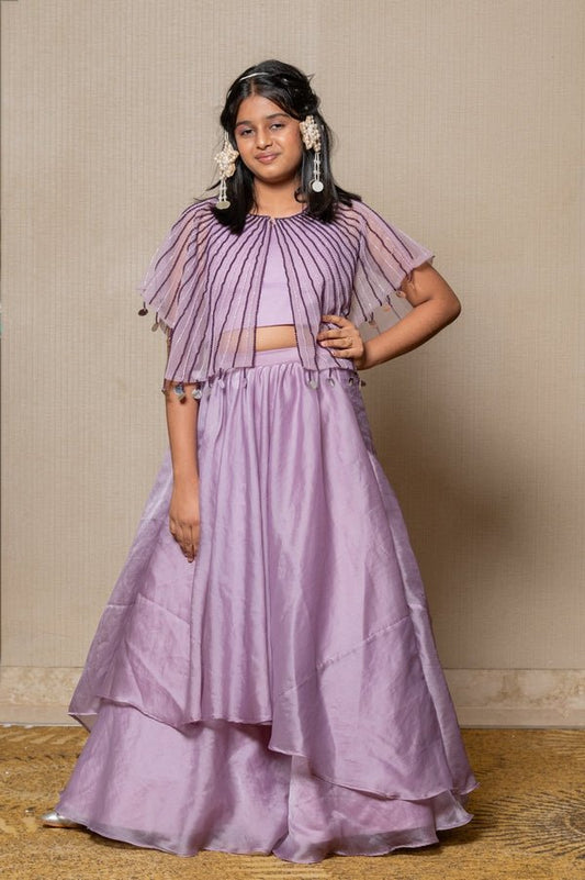 Elegant Lavender ensemble with a beaded cape and layered skirt, perfect for a graceful and sophisticated look at any special occasion. - Kirti Agarwal