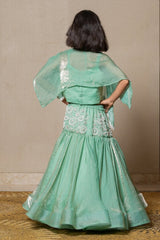 Elegant mint Green top and Lahenga with intricate white embroidery and a flowing silhouette, perfect for making a stylish statement at any festive occasion. - Kirti Agarwal