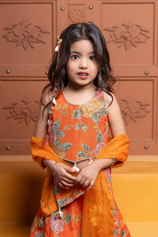 Elegant Orange Floral Printed Top With Lehenga And Dupatta - Kirti Agarwal