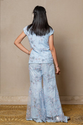 Elegant pastel blue embroidered ensemble with a chic sleeveless jacket and flared pants, perfect for any sophisticated occasion. - Kirti Agarwal