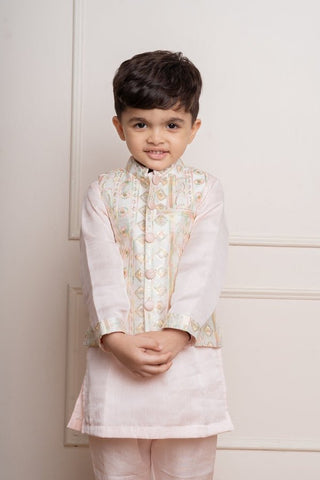 Elegant pastel pink kurta set with an intricately embroidered ivory jacket, perfect for festive occasions - Kirti Agarwal