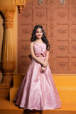 Pink brocade lehenga set for girls & silk kurta with white churidar
