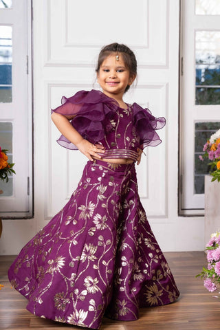 Elegant Purple Embroidered Lehenga Set with Ruffled Sleeves – Perfect for Weddings, Festive Celebrations, and Special Occasions - Kirti Agarwal