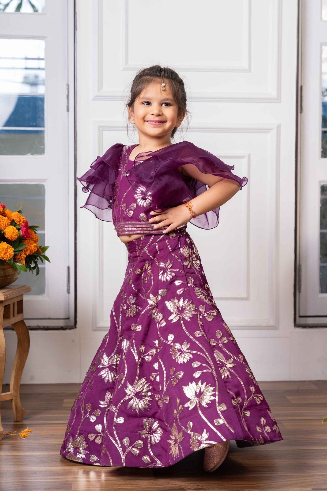 Elegant Purple Embroidered Lehenga Set with Ruffled Sleeves – Perfect for Weddings, Festive Celebrations, and Special Occasions - Kirti Agarwal