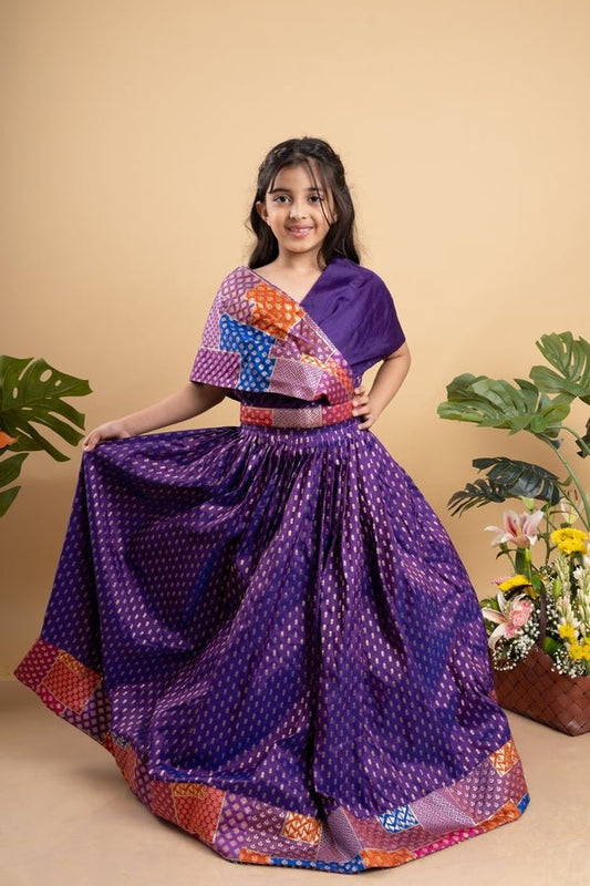 Elegant purple silk lehenga choli with vibrant patchwork detailing, perfect for festive celebrations - Kirti Agarwal