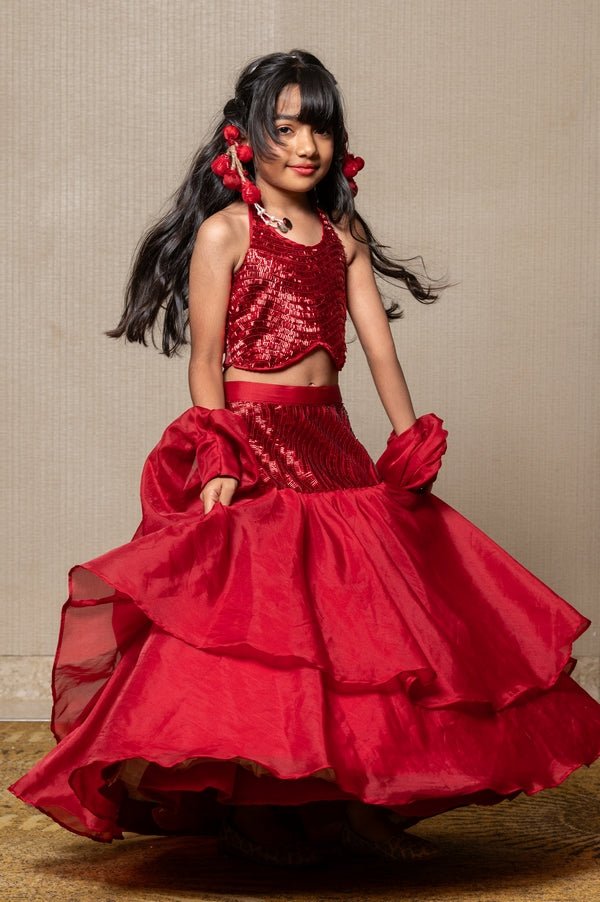 Elegant Red sequin top with flared skirt and Cape style Dupatta - Kirti Agarwal