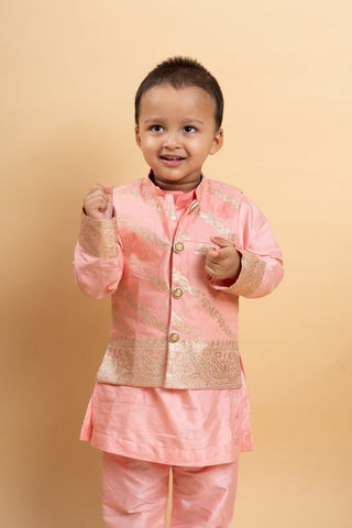 Elegant soft Peach kurta set with a regal golden - detailed jacket for a charming festive look - Kirti Agarwal