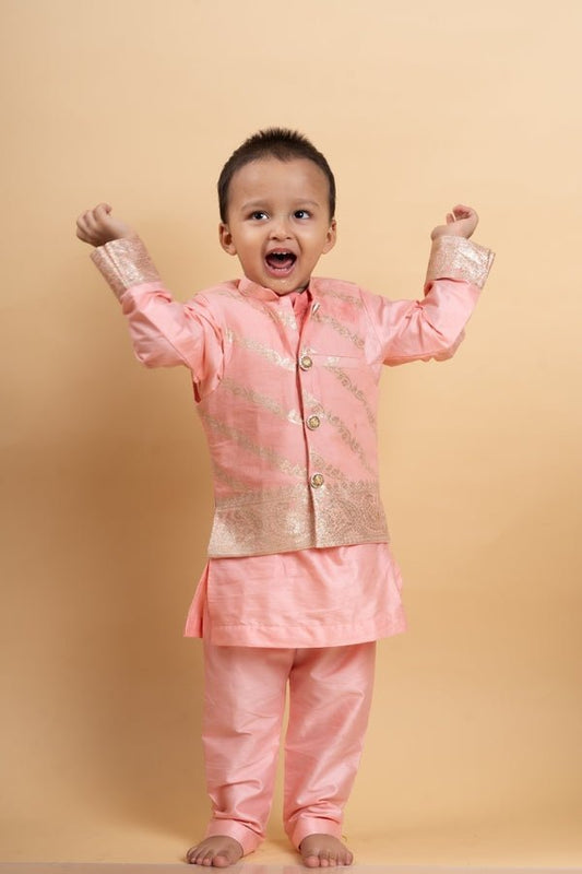 Elegant soft Peach kurta set with a regal golden - detailed jacket for a charming festive look - Kirti Agarwal