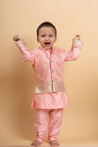 Elegant soft Peach kurta set with a regal golden - detailed jacket for a charming festive look - Kirti Agarwal