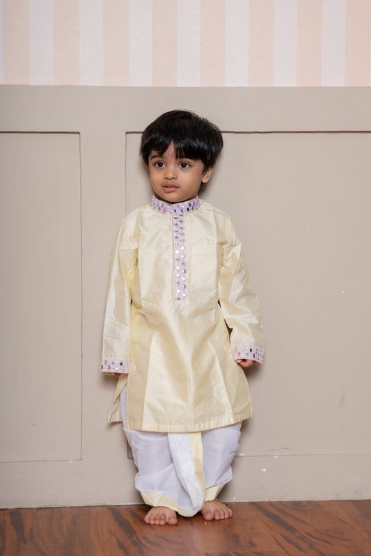 Elegant yellow embroidered kurta with dhoti & Refined powder blue kurta set with mirror work - Kirti Agarwal