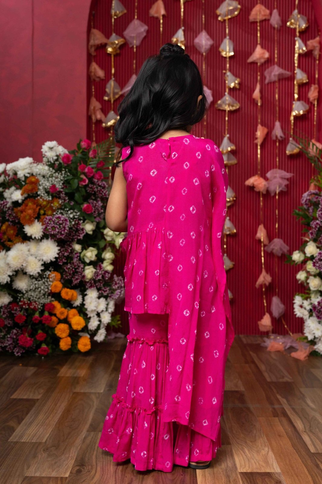 Embellished Pink Printed One Side Drape Kurti With Crop Top And Sharara - Kirti Agarwal