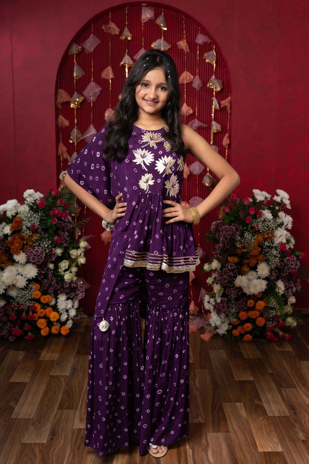 Embellished Purple Printed One Side Drape Kurti With Crop Top And Sharara - Kirti Agarwal