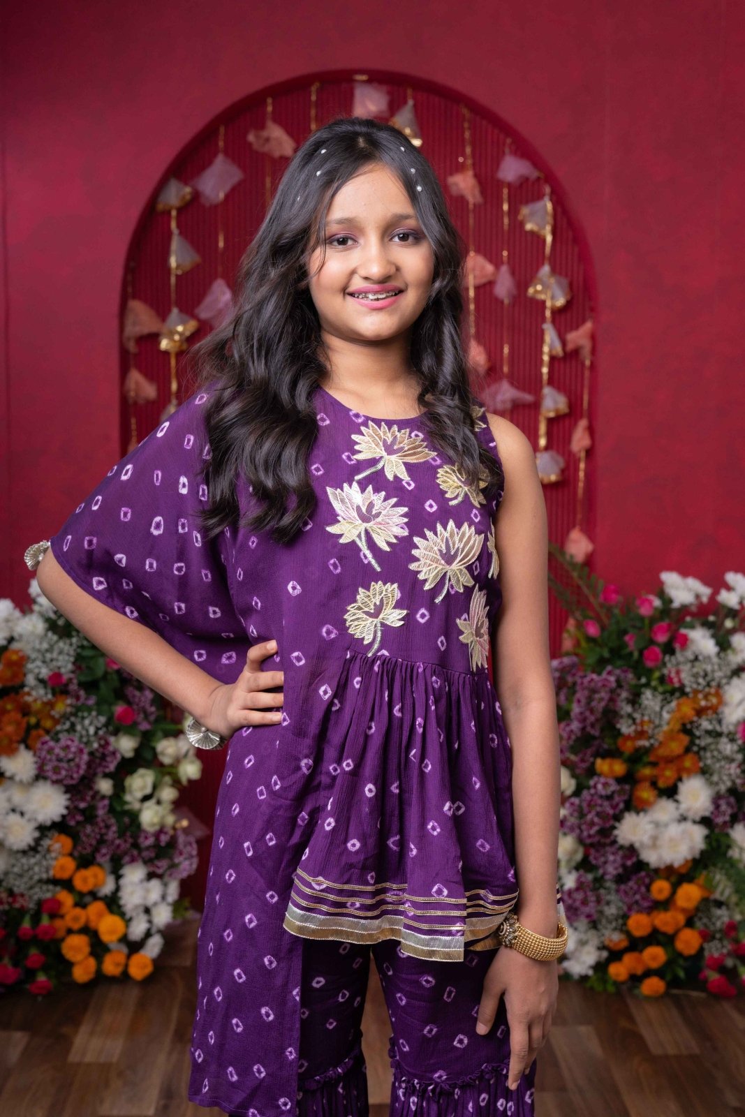 Embellished Purple Printed One Side Drape Kurti With Crop Top And Sharara - Kirti Agarwal