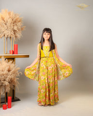 Yellow Strappy Top With Multicolour Printed Cape & Crop top