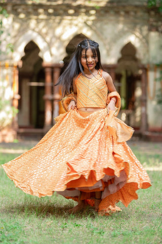 Embroidered crop top with orange Lahenga