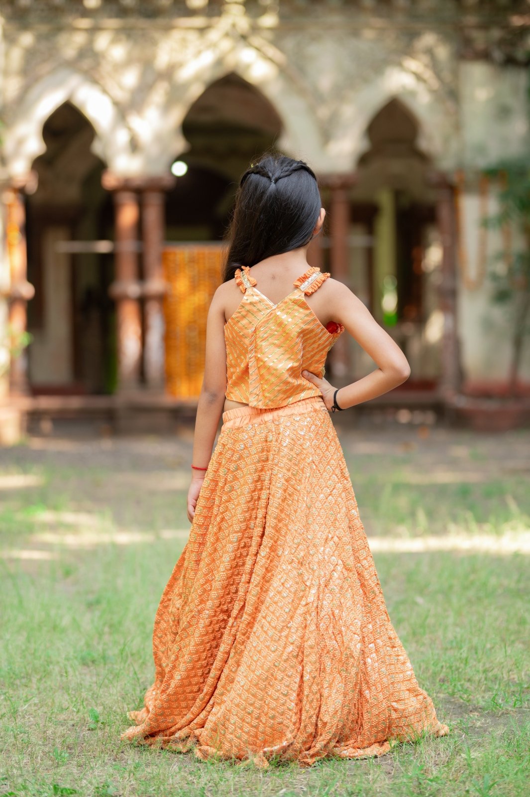 Embroidered crop top with orange Lahenga - Kirti Agarwal