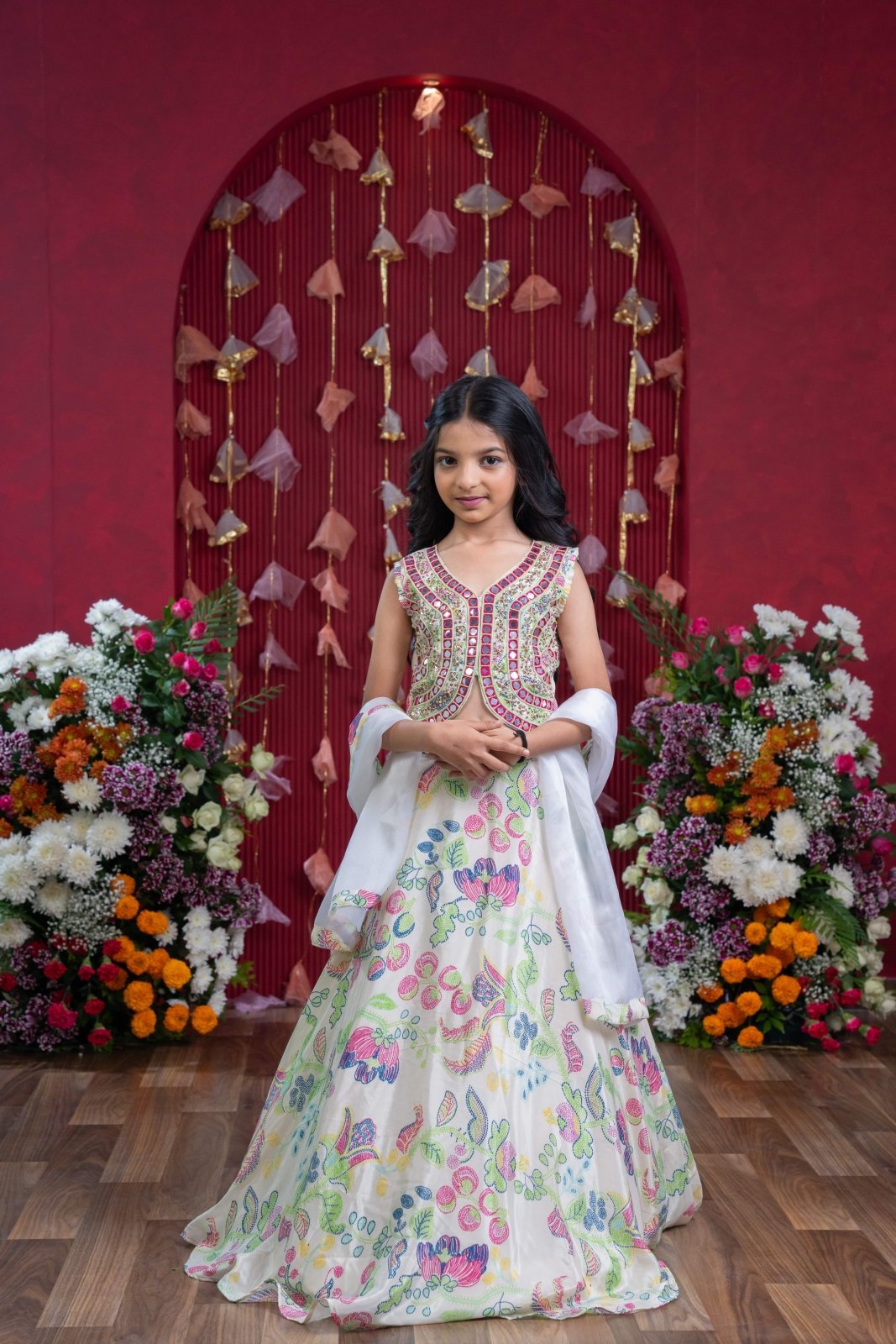 Embroidered Mirror Work Blouse and Floral Lehenga Set with Sheer Dupatta – Perfect for Weddings, Festivals, and Parties - Kirti Agarwal